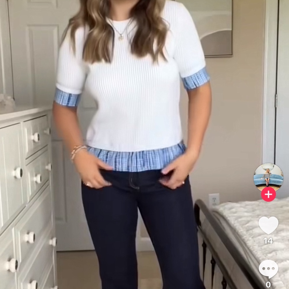 Tory Burch Short Sleeve Mixed Media Sweater.